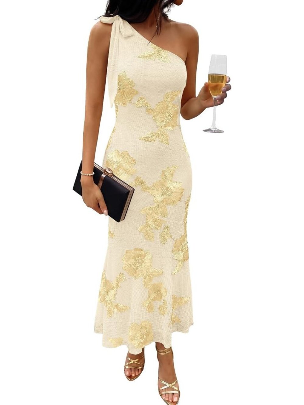 Women's Apricot Summer Fall Fashion Bodycon One Shoulder Maxi Cocktail Dresses